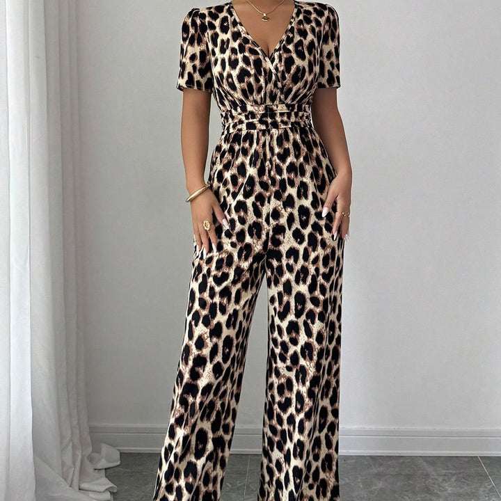 Leopard print fitted waist pleated V-neck jumpsuit