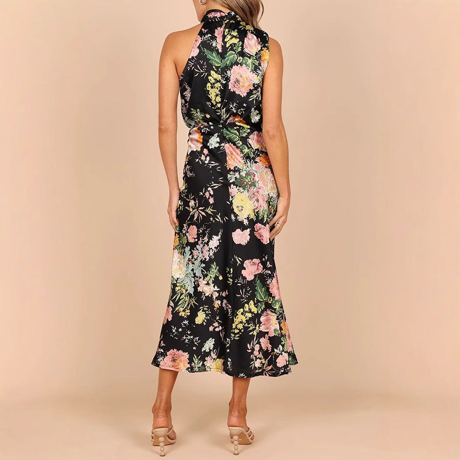 Sleeveless halter neck printed satin dress