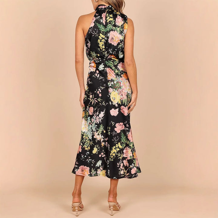 Sleeveless halter neck printed satin dress