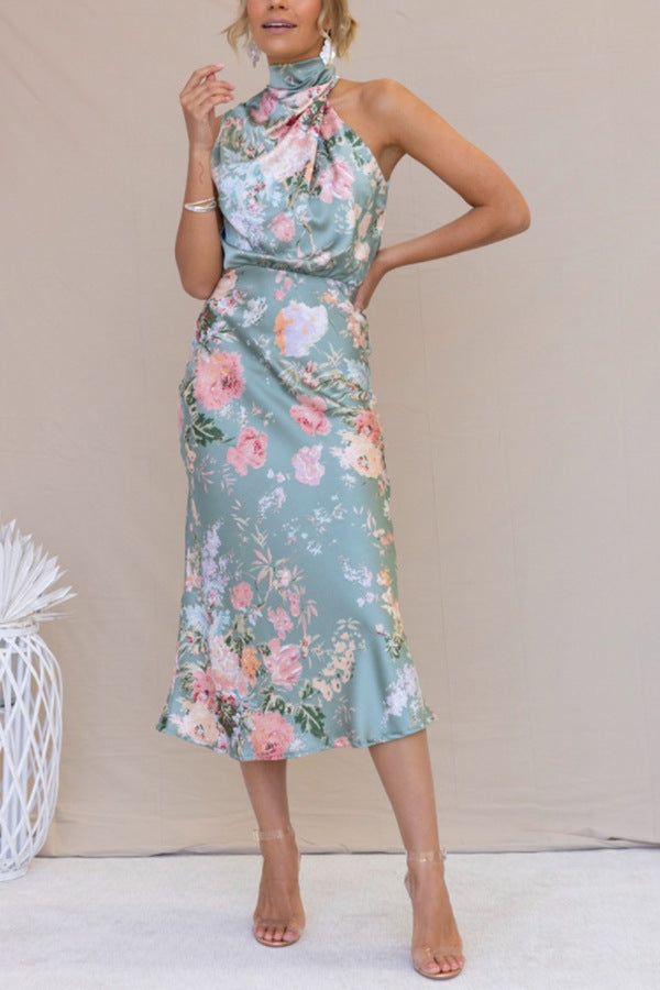Sleeveless halter neck printed satin dress