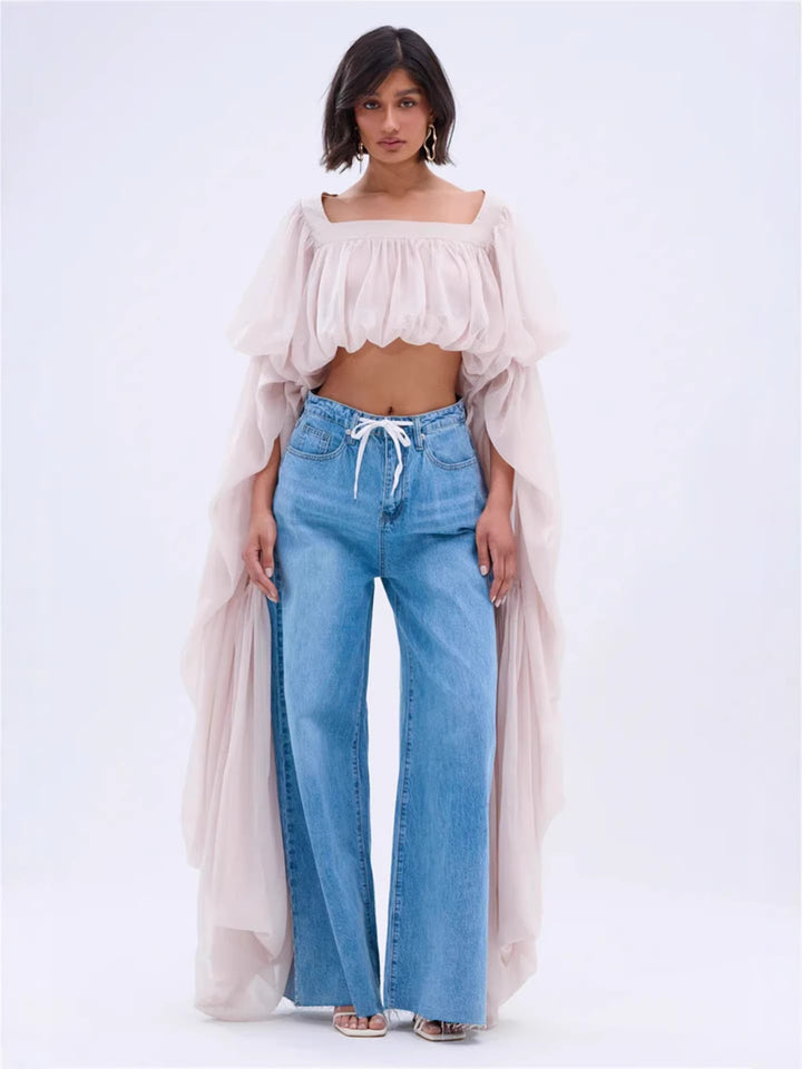 Square neck chiffon blouse with tie