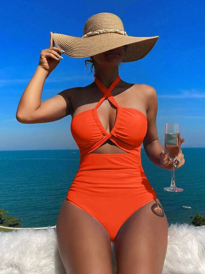 Backless High Waist Solid Color One Piece Swimsuit