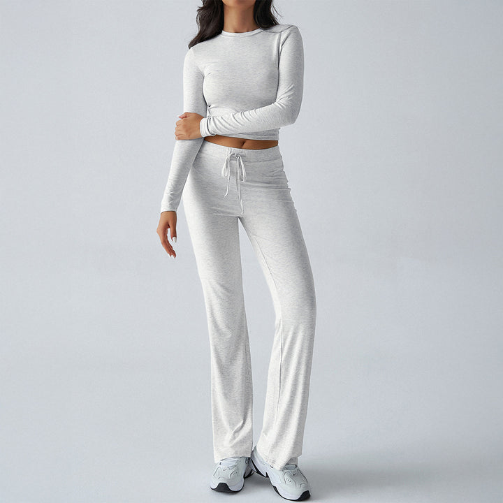 Solid color trousers and long-sleeved casual two-piece set