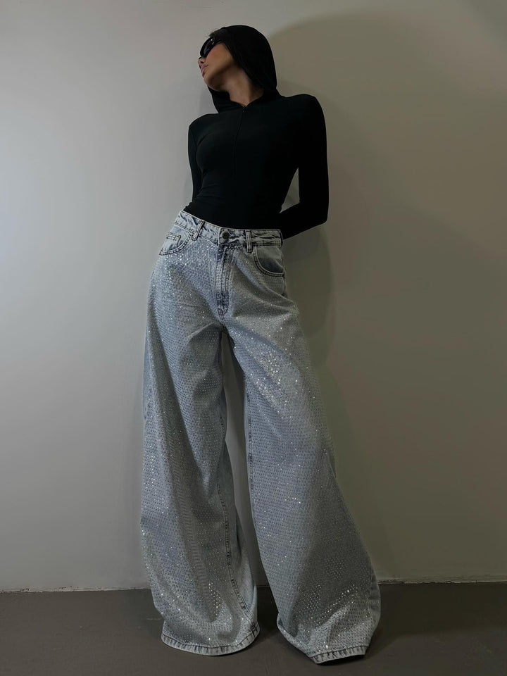 Rhinestone Loose High Waist Jeans