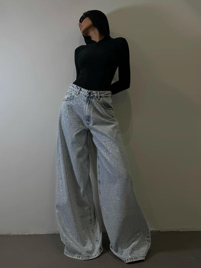 Rhinestone Loose High Waist Jeans