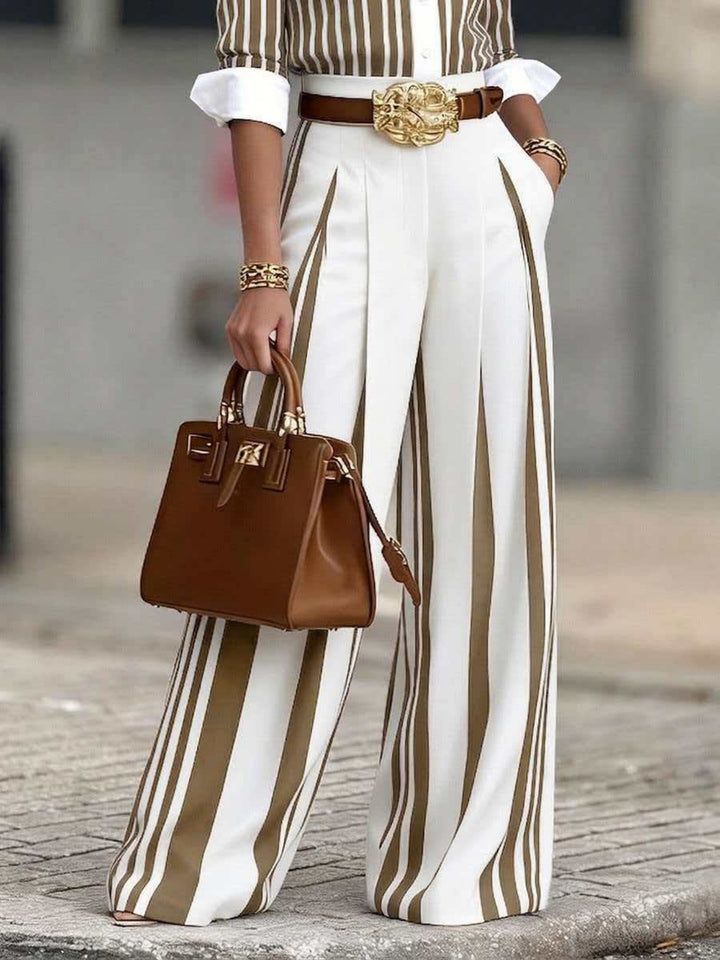 Casual striped shirt and slim-fit color-blocked trousers