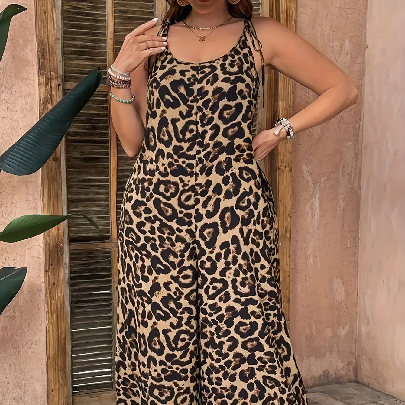 Leopard Print Sleeveless Strappy One-piece Trousers