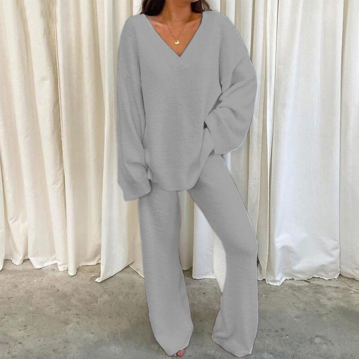 Solid-Color V-Neck Casual Sweater Set