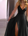 A-line Sweep Train V-neck Jersey Split Front Prom Dresses