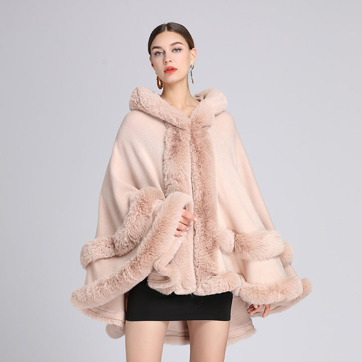 Fur-collared shawl cape cardigan