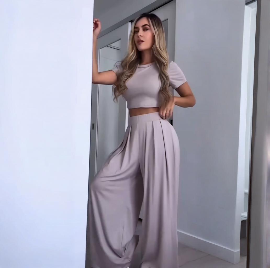 Round neck solid color wide leg pants casual suit