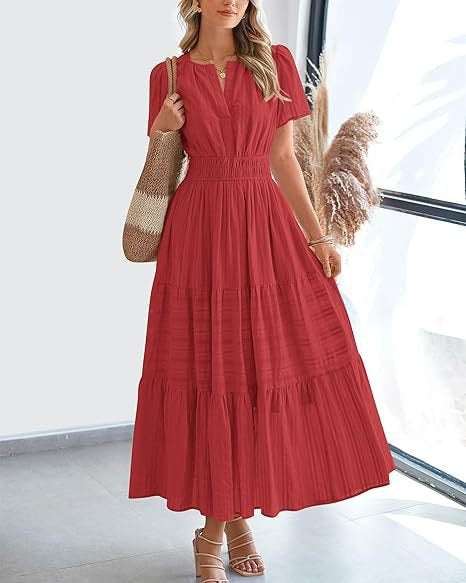 V-neck pleated bubble sleeve layered dress
