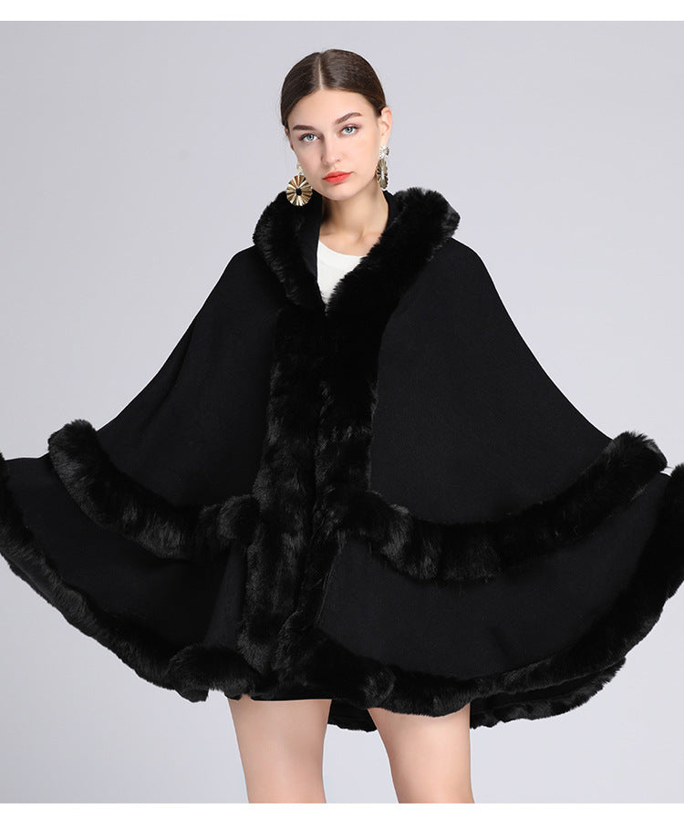 Fur-collared shawl cape cardigan