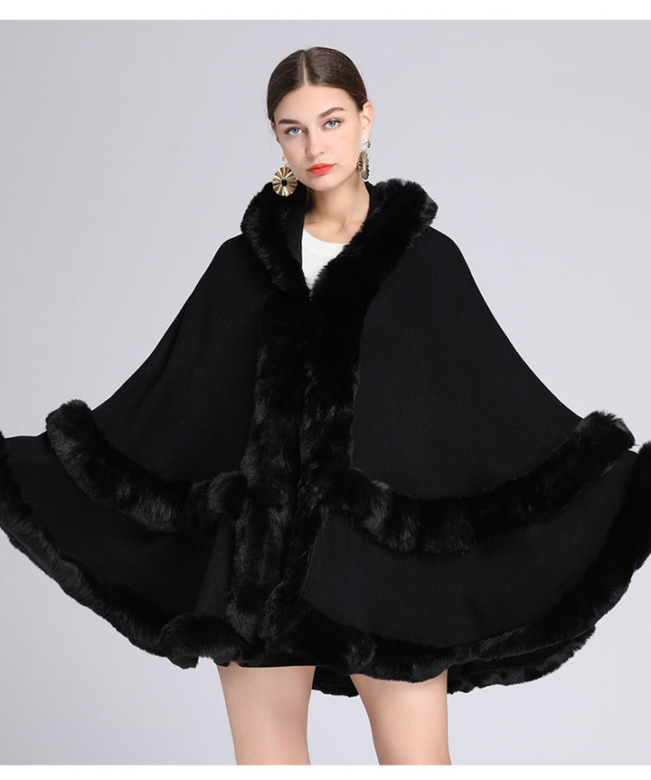 Fur-collared shawl cape cardigan