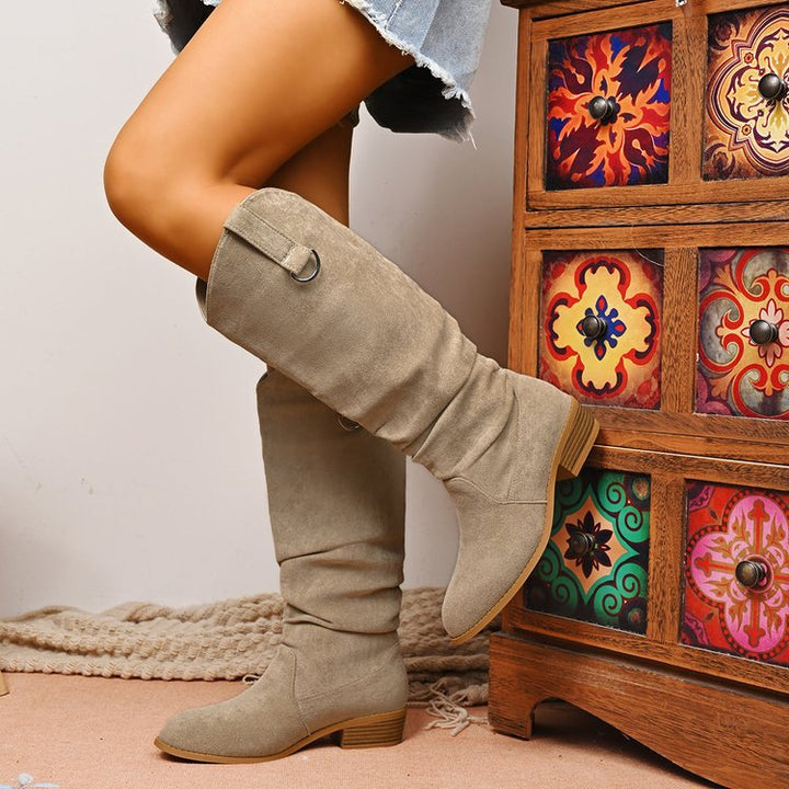 Suede pointed-toe square-heeled high boots