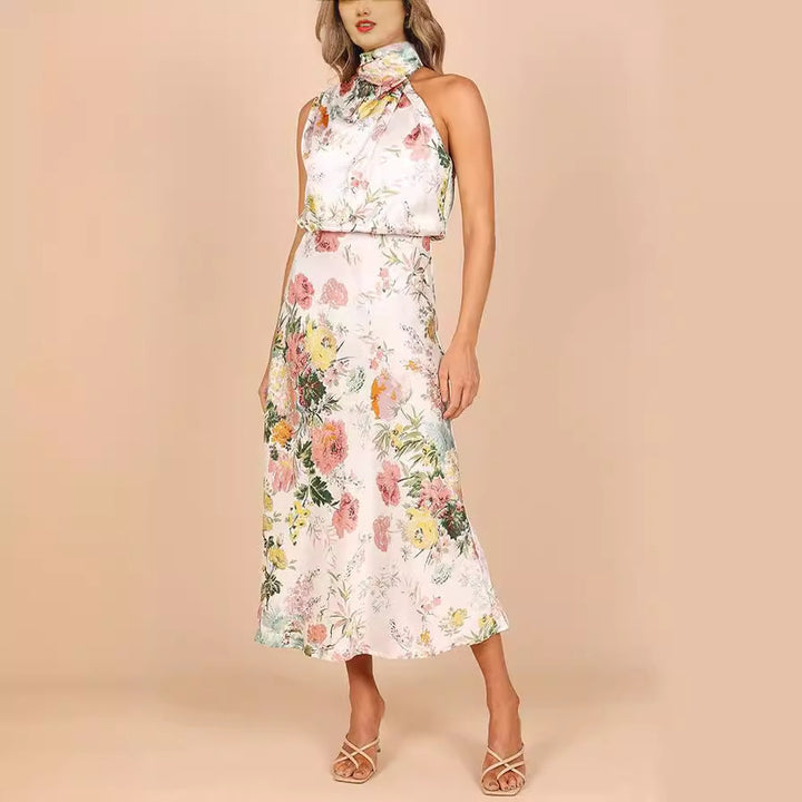 Sleeveless halter neck printed satin dress