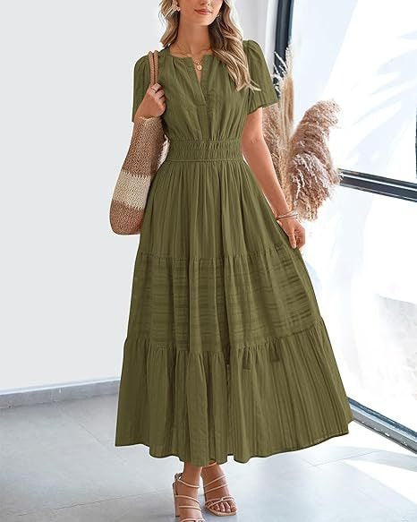 V-neck pleated bubble sleeve layered dress