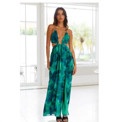 Halter Backless Hollow Out Printed Dresses