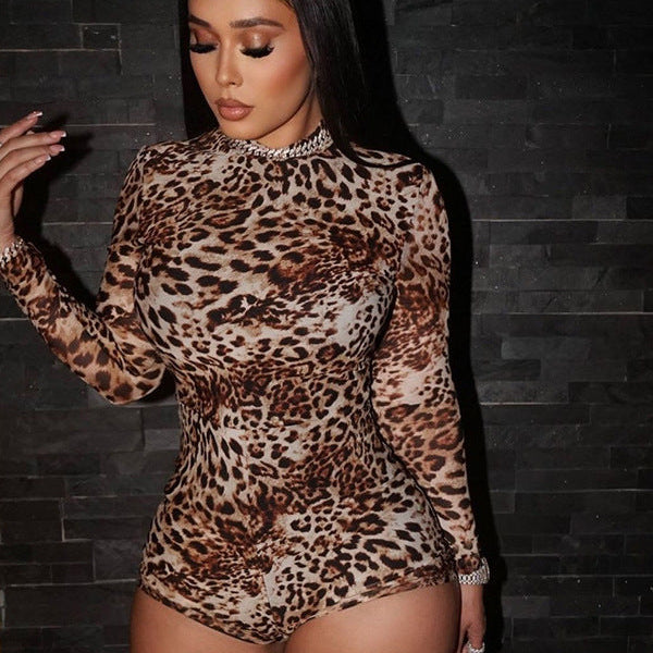 Round neck long-sleeved leopard print jumpsuit