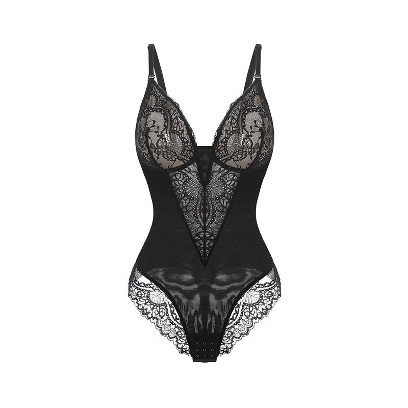 Lace waist cinching and hip lifting bodysuit jumpsuit