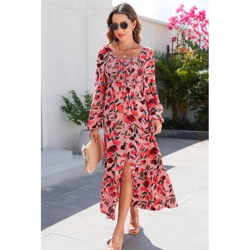 Fashion Printed Long Sleeve Square Neck Dress