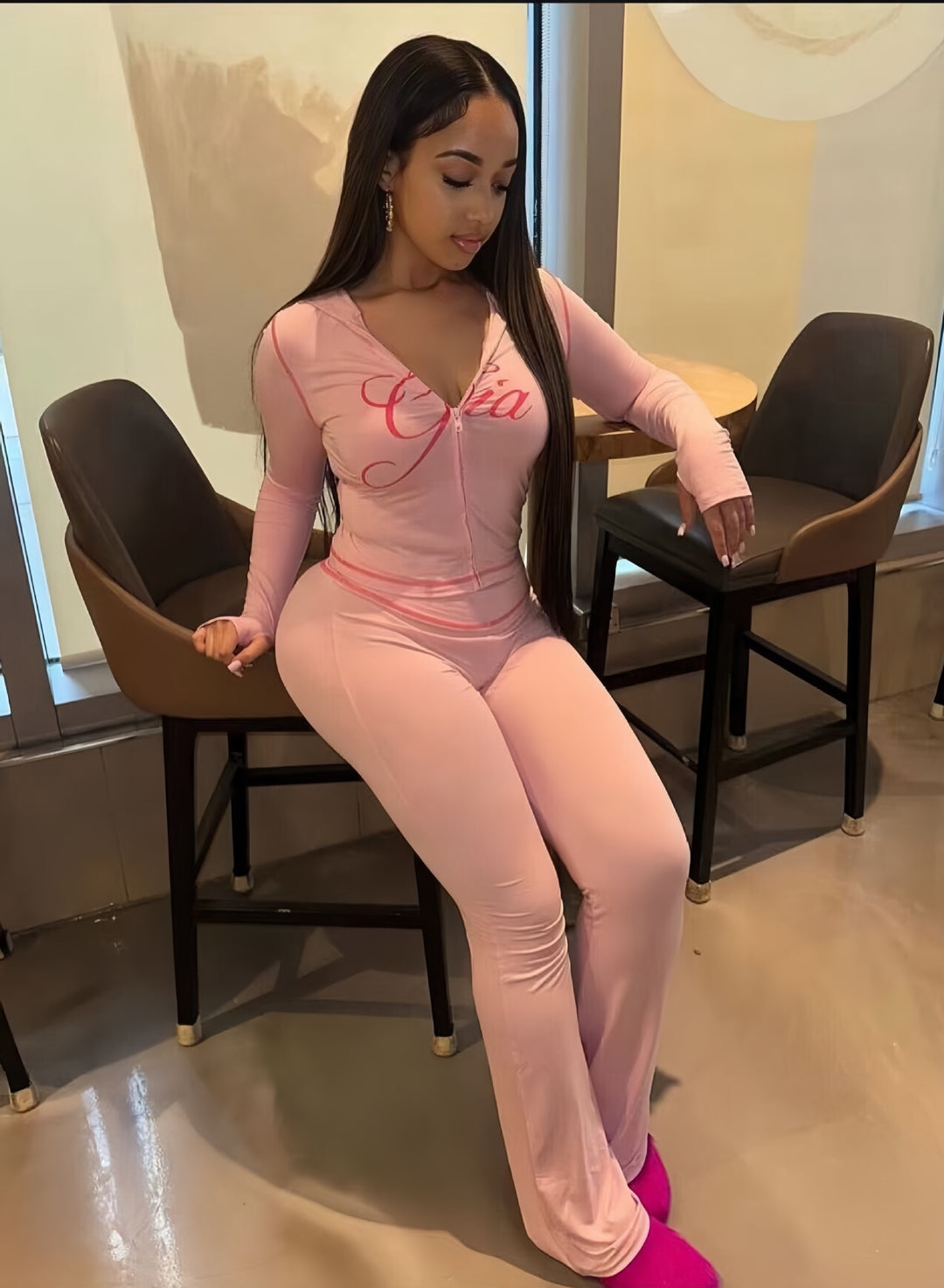 Long-sleeved cardigan printed high-waisted pants suit