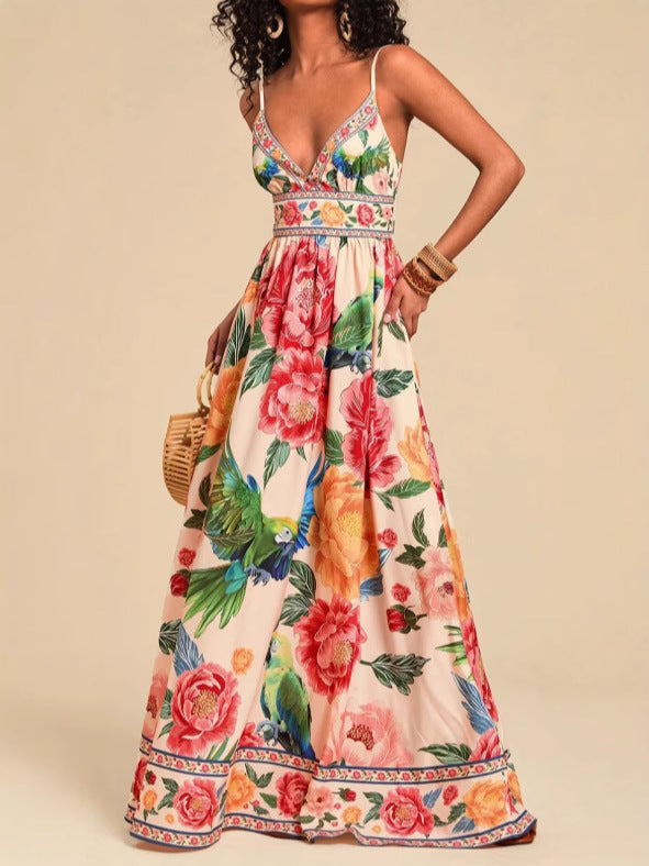 Spaghetti-strap printed V-neck maxi knit dress