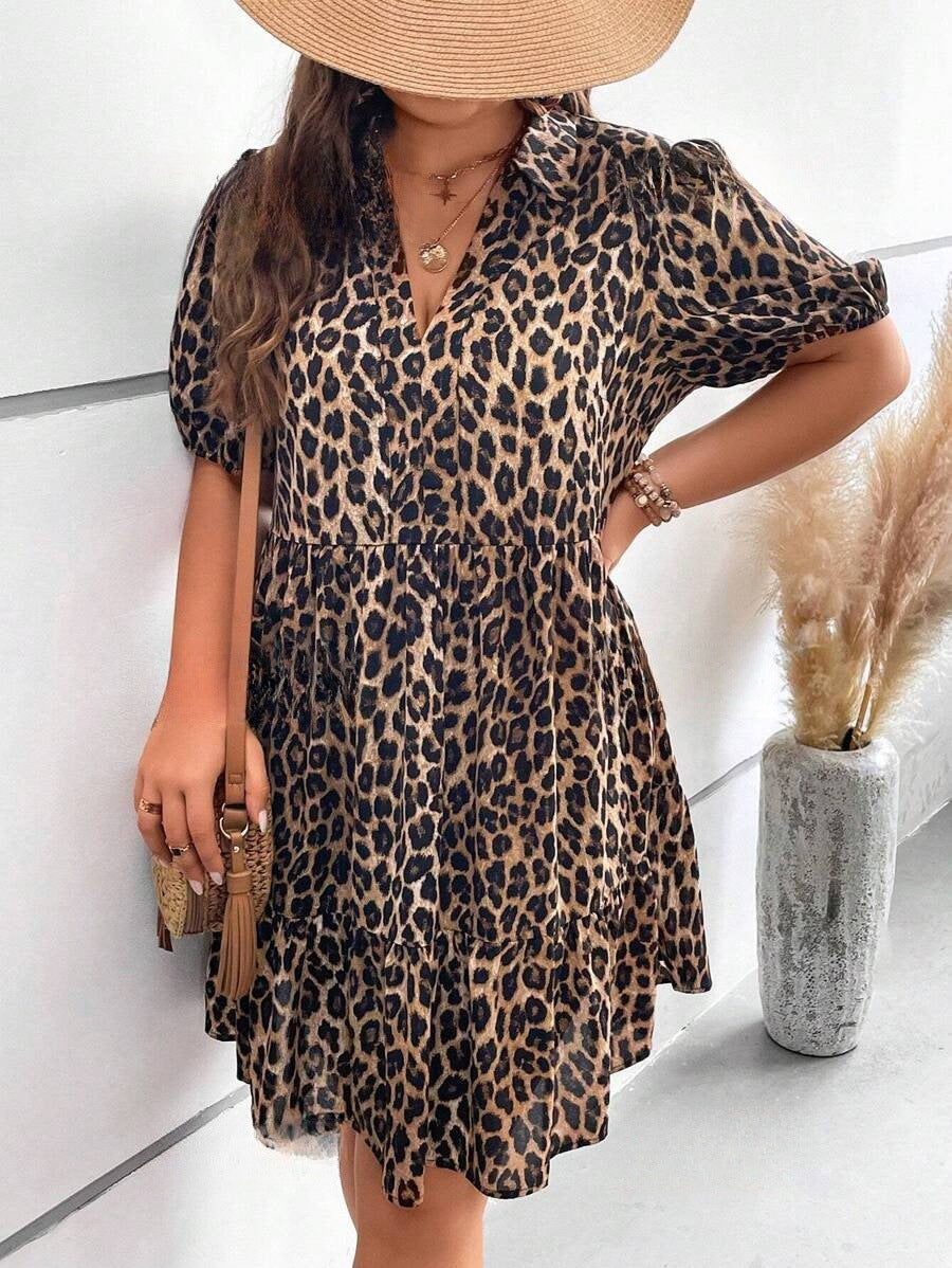Sleeveless leopard print V-neck elegant dress