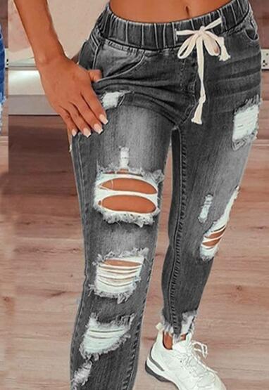Elastic waist high-waisted ripped drawstring pants
