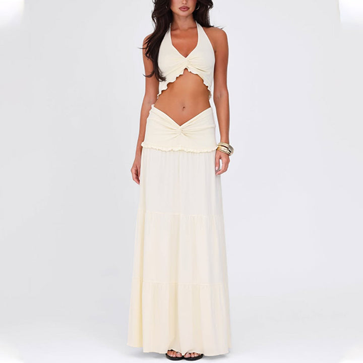 V-Neck Hanging Neck Top Long Skirt Set