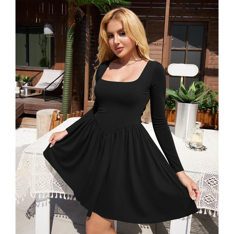 Slim fit square neck knitted strap long sleeved dress