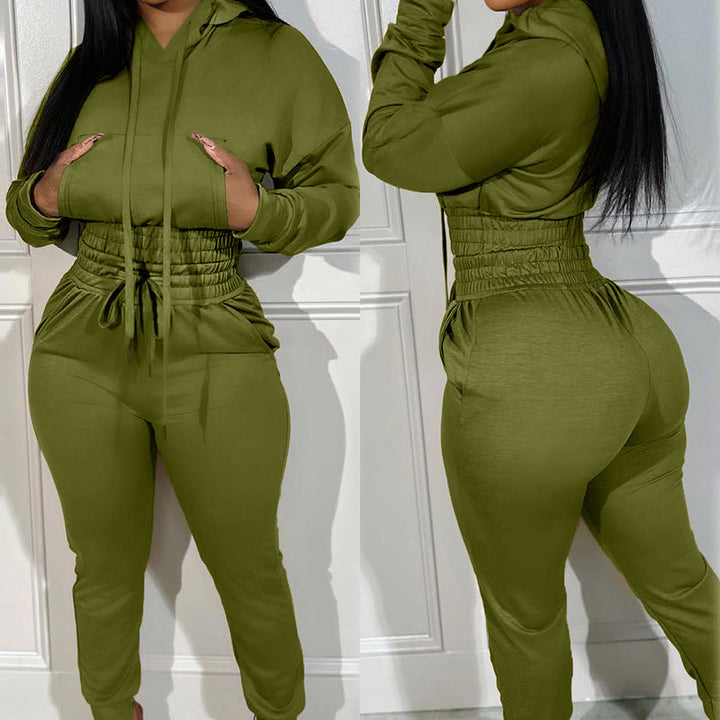 Solid color hooded sweatshirt and straight leg pants two-piece set
