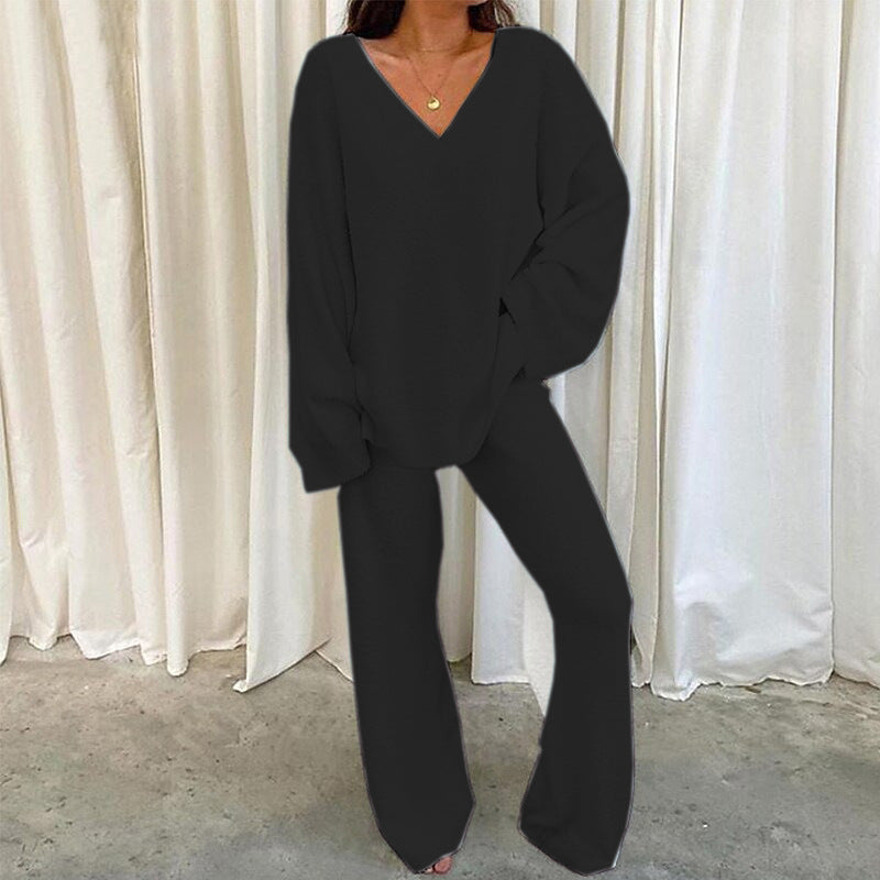 Solid-Color V-Neck Casual Sweater Set