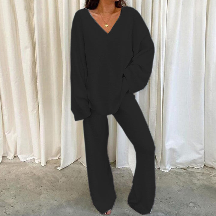 Solid-Color V-Neck Casual Sweater Set