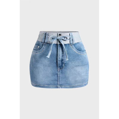 Patchwork Drawstring Denim Skirt