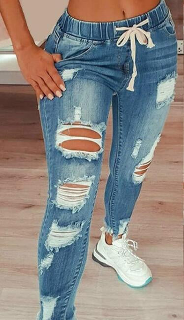 Elastic waist high-waisted ripped drawstring pants