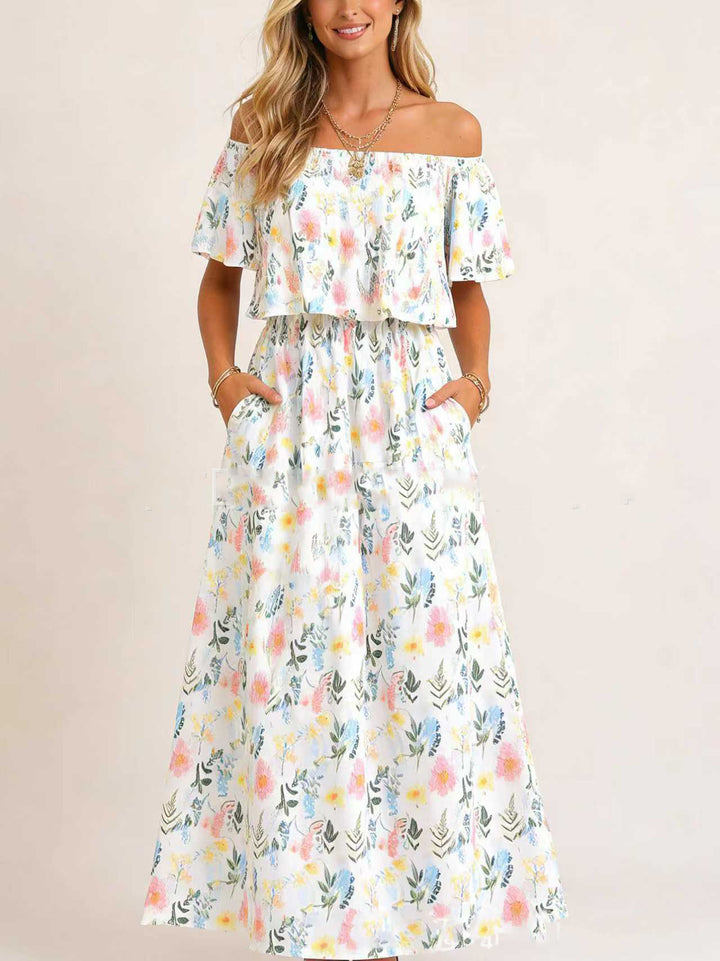 Printed off-shoulder short-sleeved long dress
