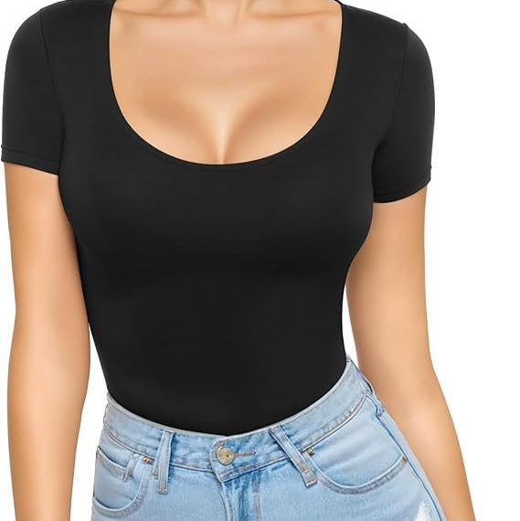 Women's low-cut round neck short-sleeved slim-fit T-shirt