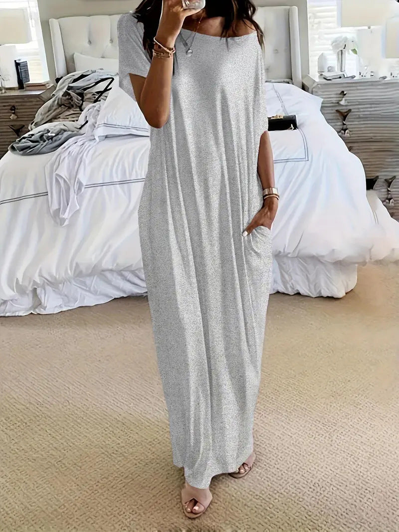 Solid color short-sleeved long casual dress
