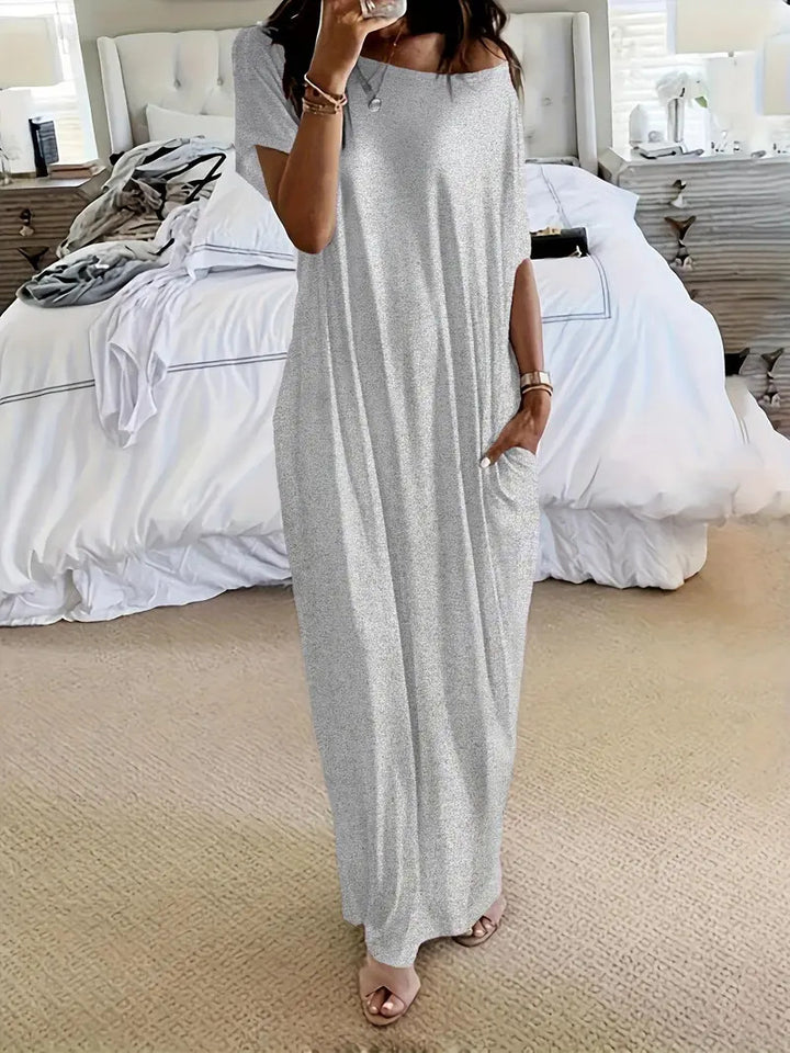 Solid color short-sleeved long casual dress