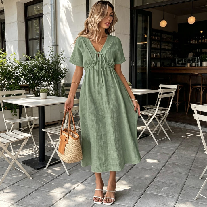 V-neck pure cotton loose long dress
