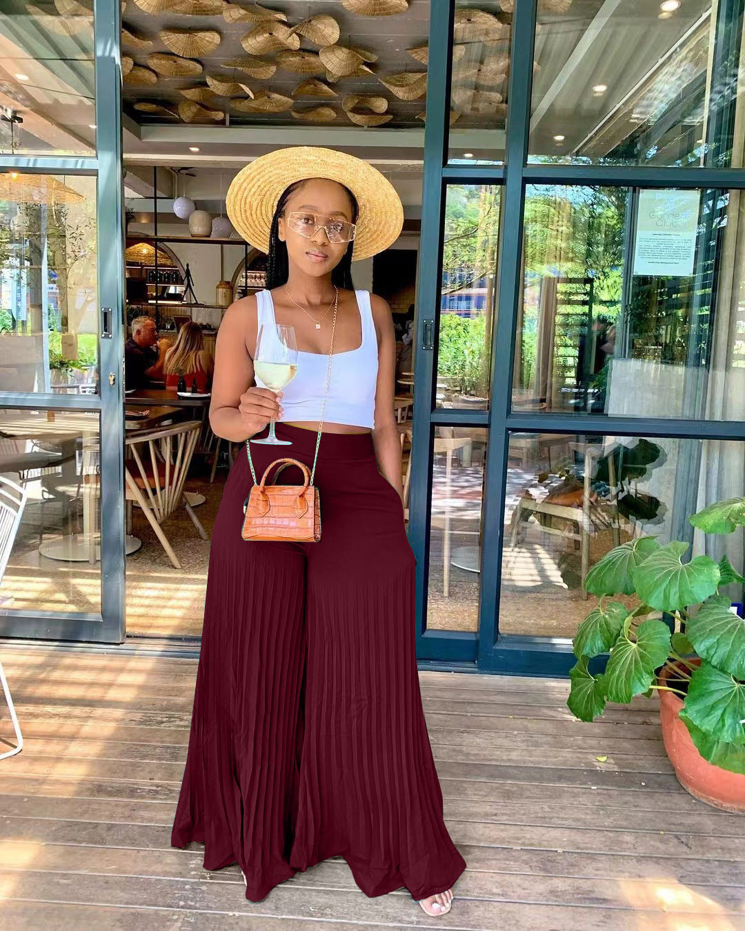 Women's Elastic Waist Pleated Wide-Leg Pants