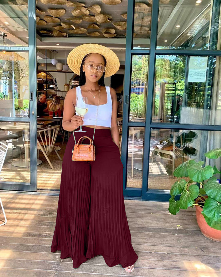 Women's Elastic Waist Pleated Wide-Leg Pants