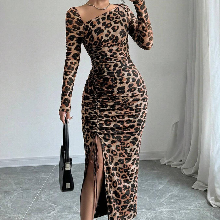 Slim-fit drawstring long-sleeved leopard print dress