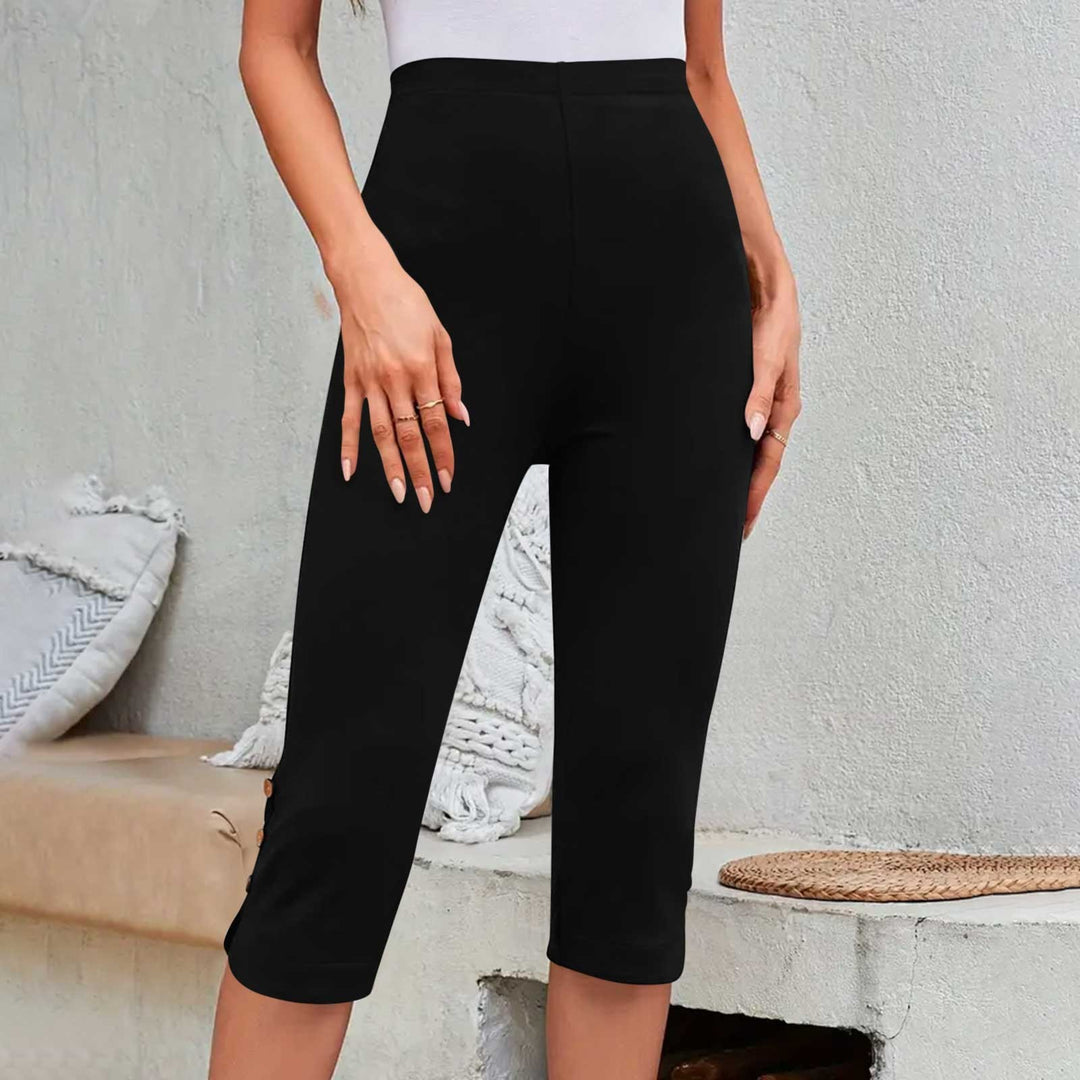 Summer Elastic Button High-Waisted Capri Pants