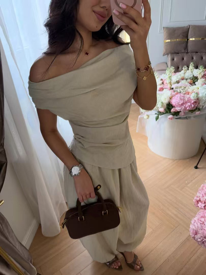 Breathable off-shoulder draped top and jogger pants set