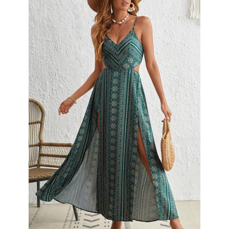 Printed backless halter-neck slit resort dress