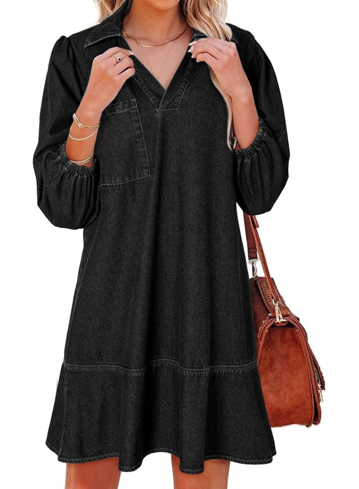 Casual V-neck puff sleeve denim skirt