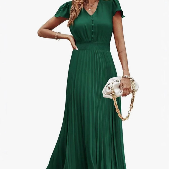 V-neck women's short-sleeved belted pleated dress