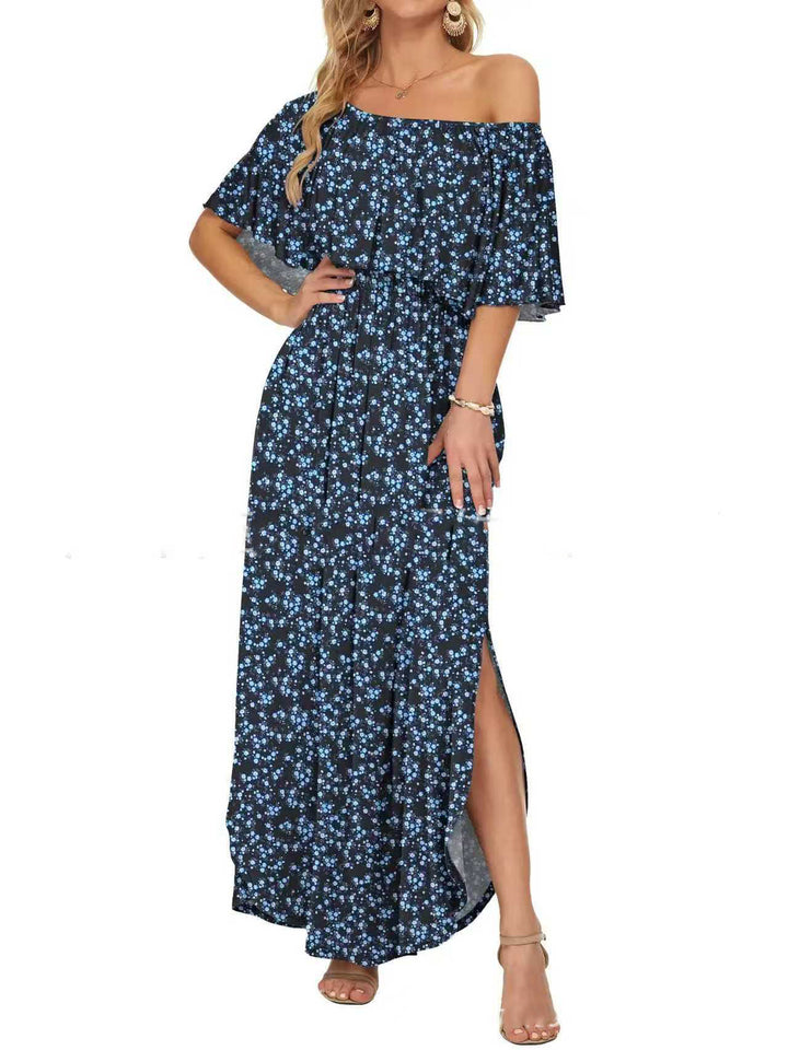 Printed off-shoulder short-sleeved long dress